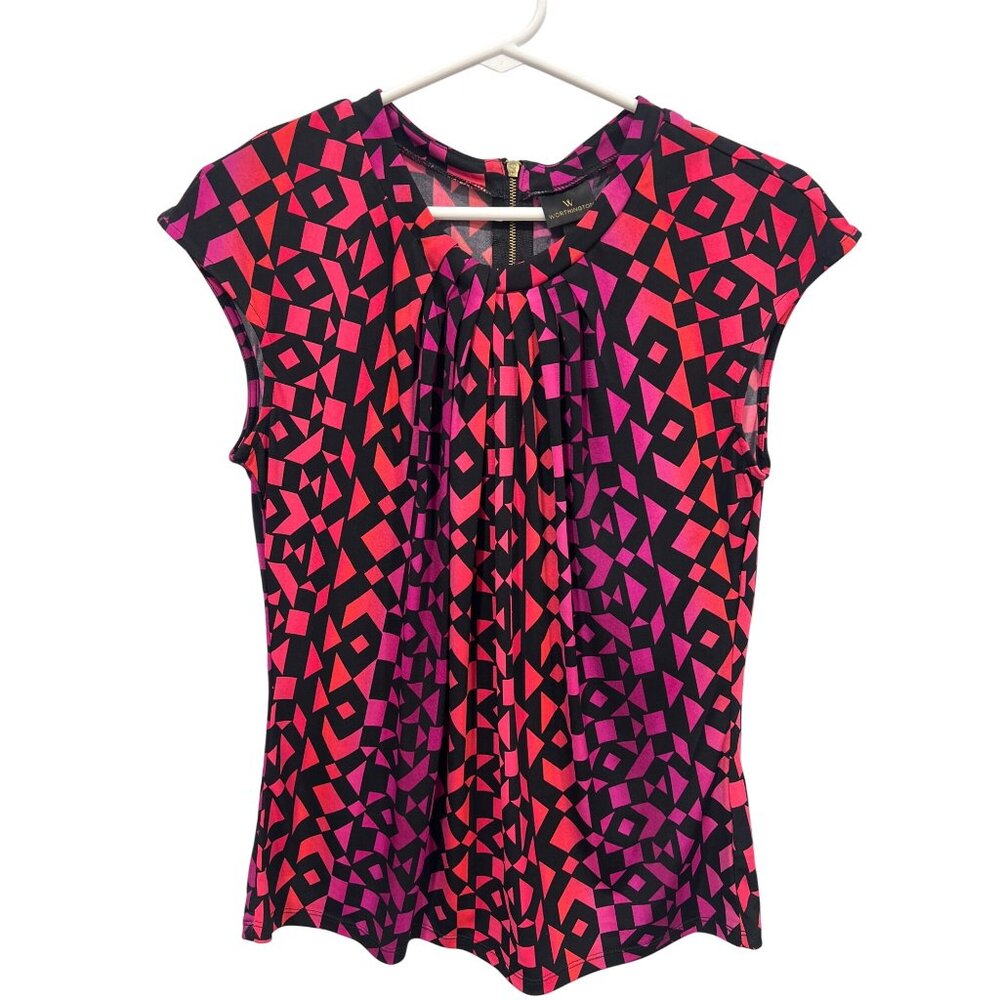 Worthington Geometric Print Cap Sleeve Blouse Women Small Multicolor Office Chic